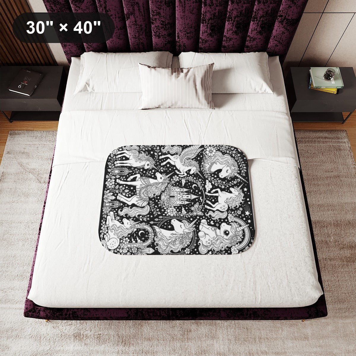 Rainbow Unicorn Dreamscape Sherpa Blanket kit shown in a lifestyle mockup - 30" × 40"