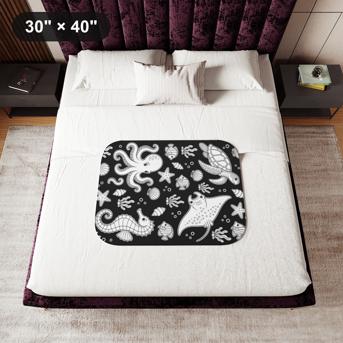 Ocean Friends Sherpa Blanket kit shown in a lifestyle mockup - 30" × 40"