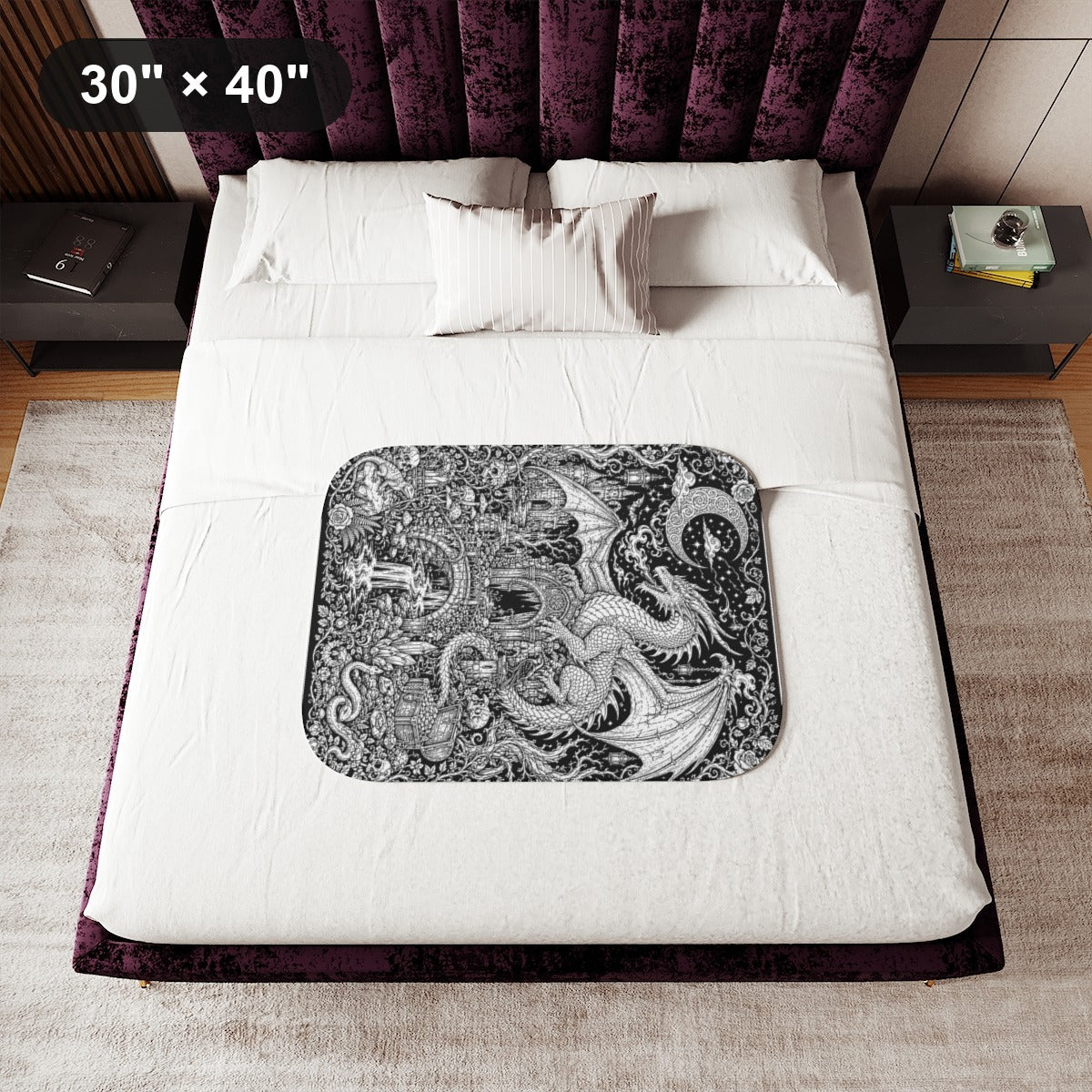 Dragon Castle Treasure Sherpa Blanket kit shown in a lifestyle mockup - 30" × 40"
