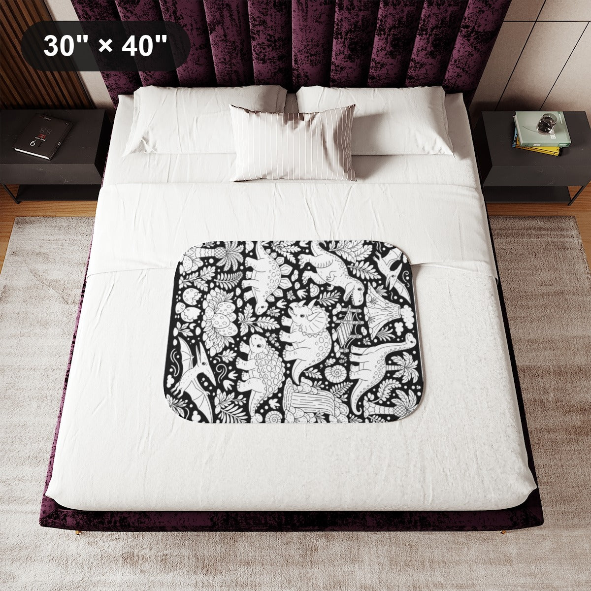 Dinosaur Jungle Sherpa Blanket kit shown in a lifestyle mockup - 30" × 40"