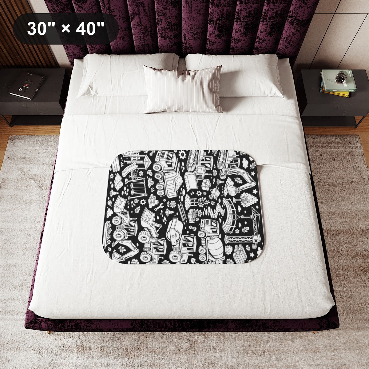 Construction Site Machines Sherpa Blanket kit shown in a lifestyle mockup - 30" × 40"