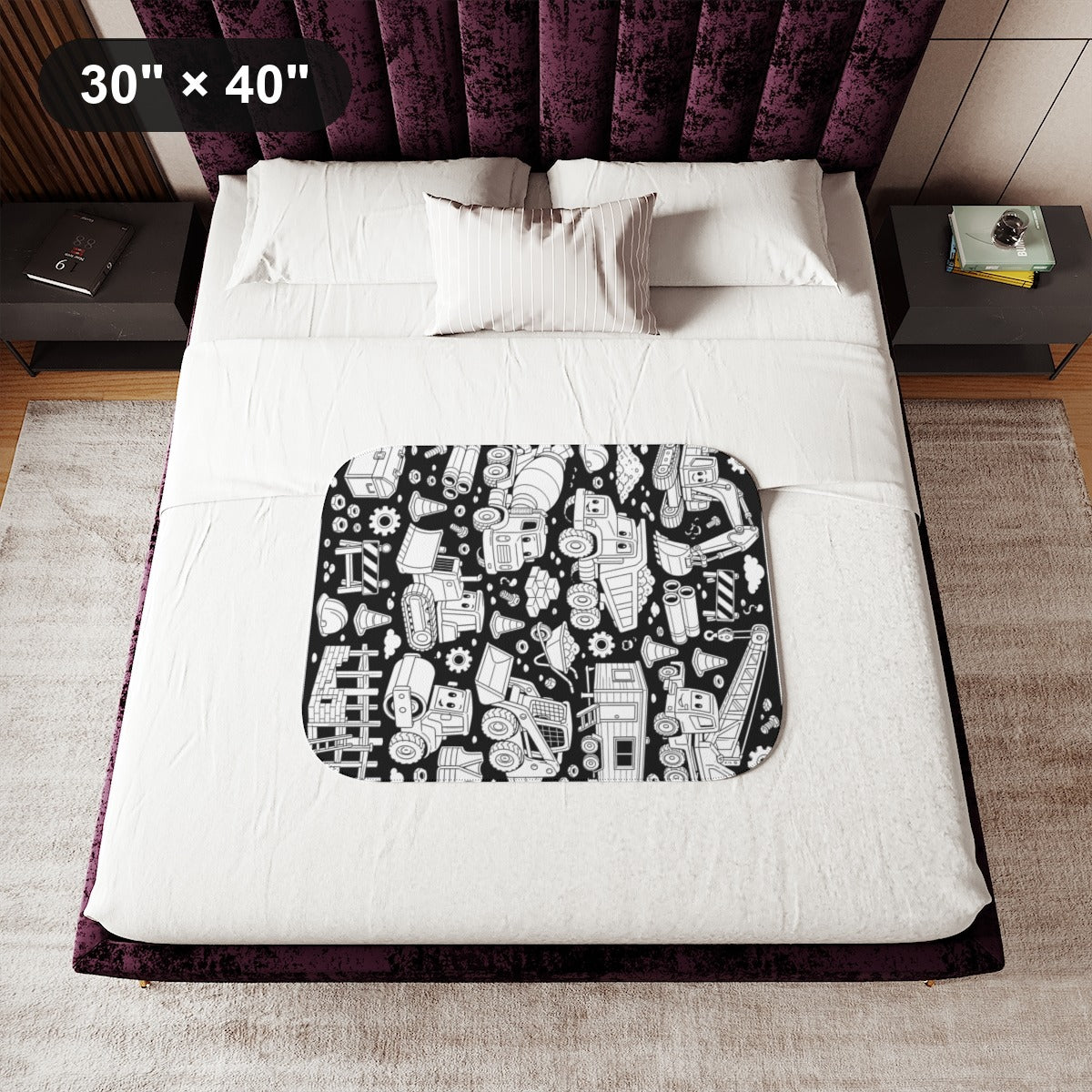 Happy Construction Trucks Sherpa Blanket kit shown in a lifestyle mockup - 30" × 40"