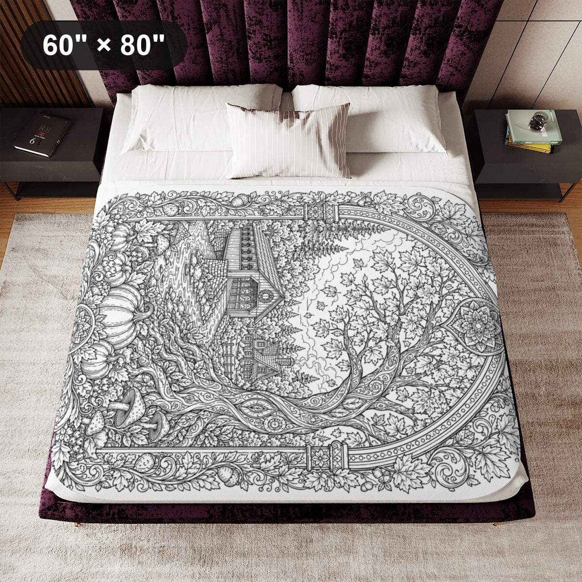 Autumn Covered Bridge Sherpa Blanket kit shown in a lifestyle mockup - 60" × 80"