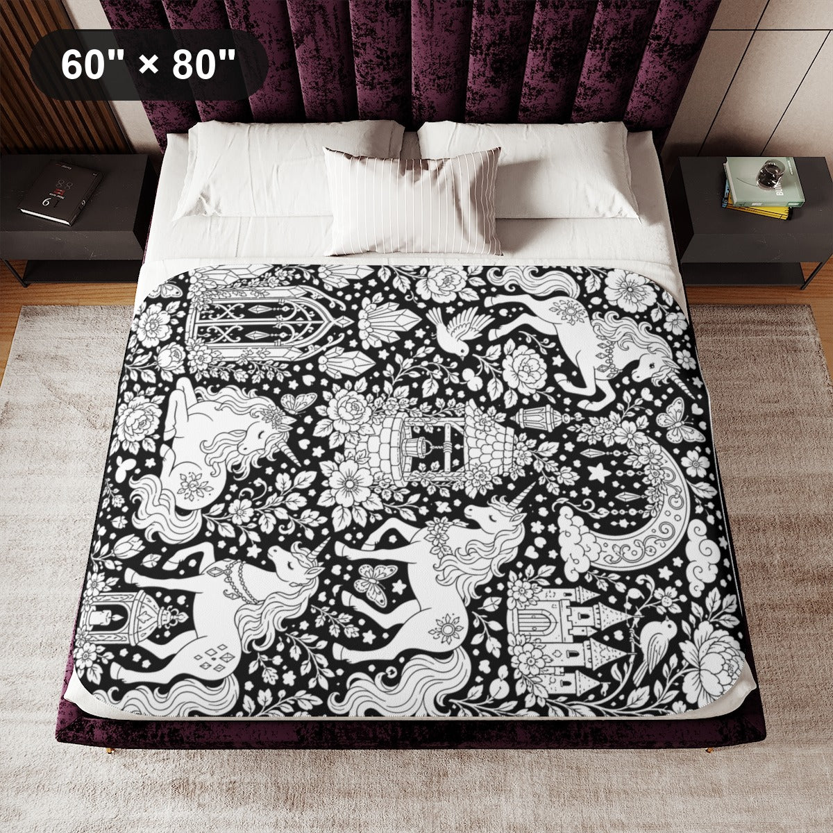 Unicorn Meadow Sherpa Blanket kit shown in a lifestyle mockup - 60" × 80"