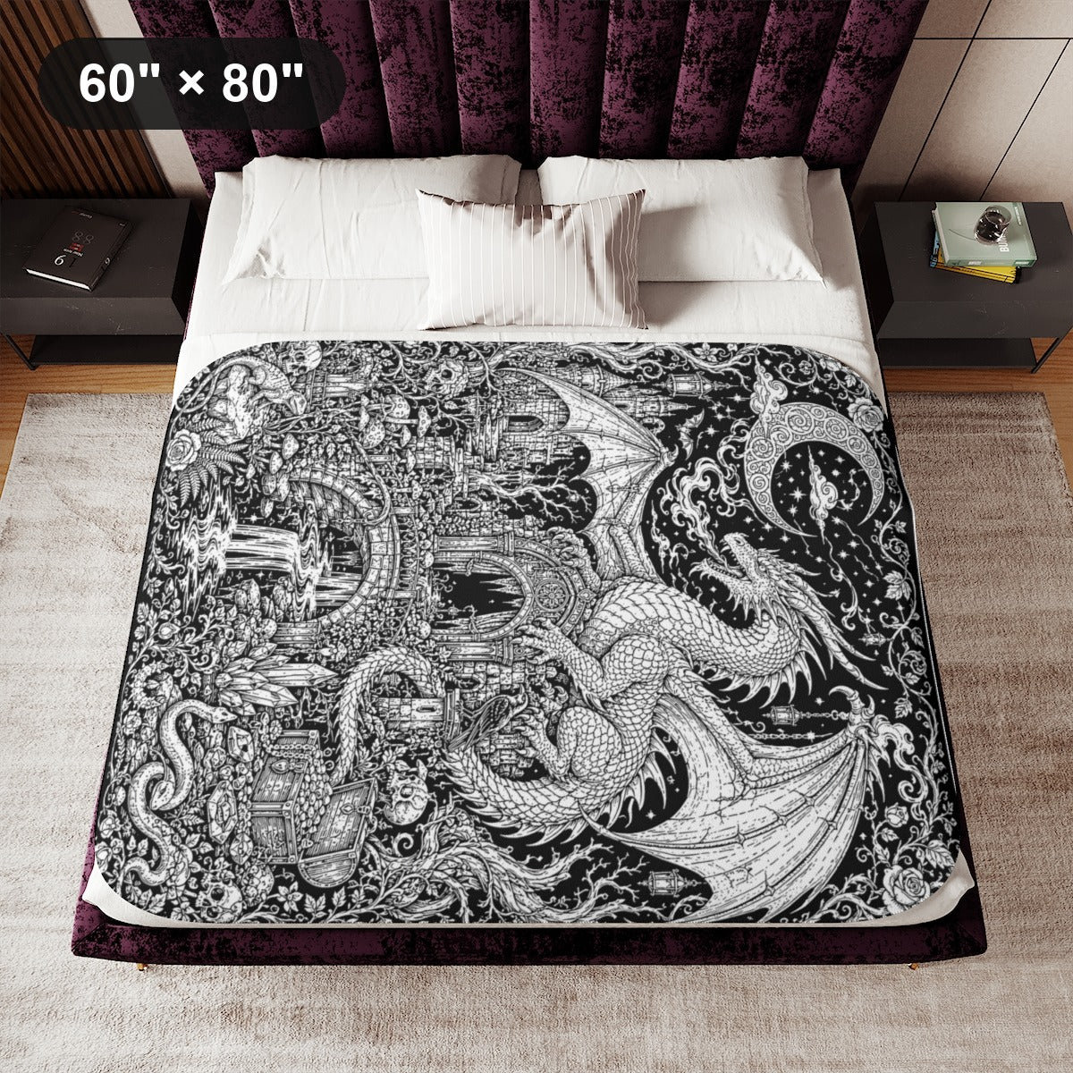 Dragon Castle Treasure Sherpa Blanket kit shown in a lifestyle mockup - 60" × 80"
