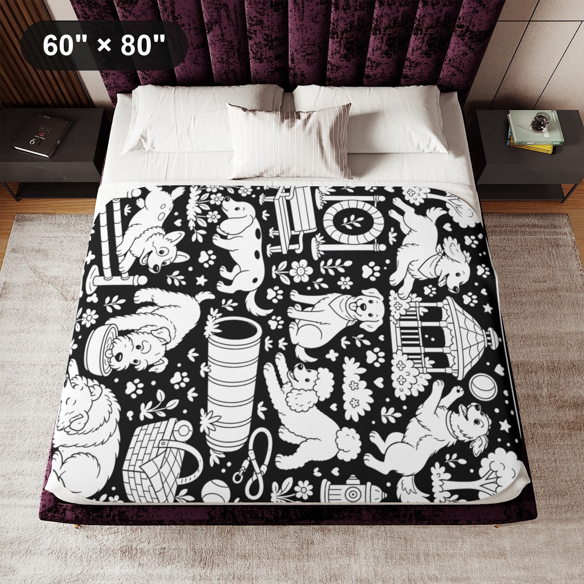 Dog Park Puppies Sherpa Blanket kit shown in a lifestyle mockup - 60" × 80"