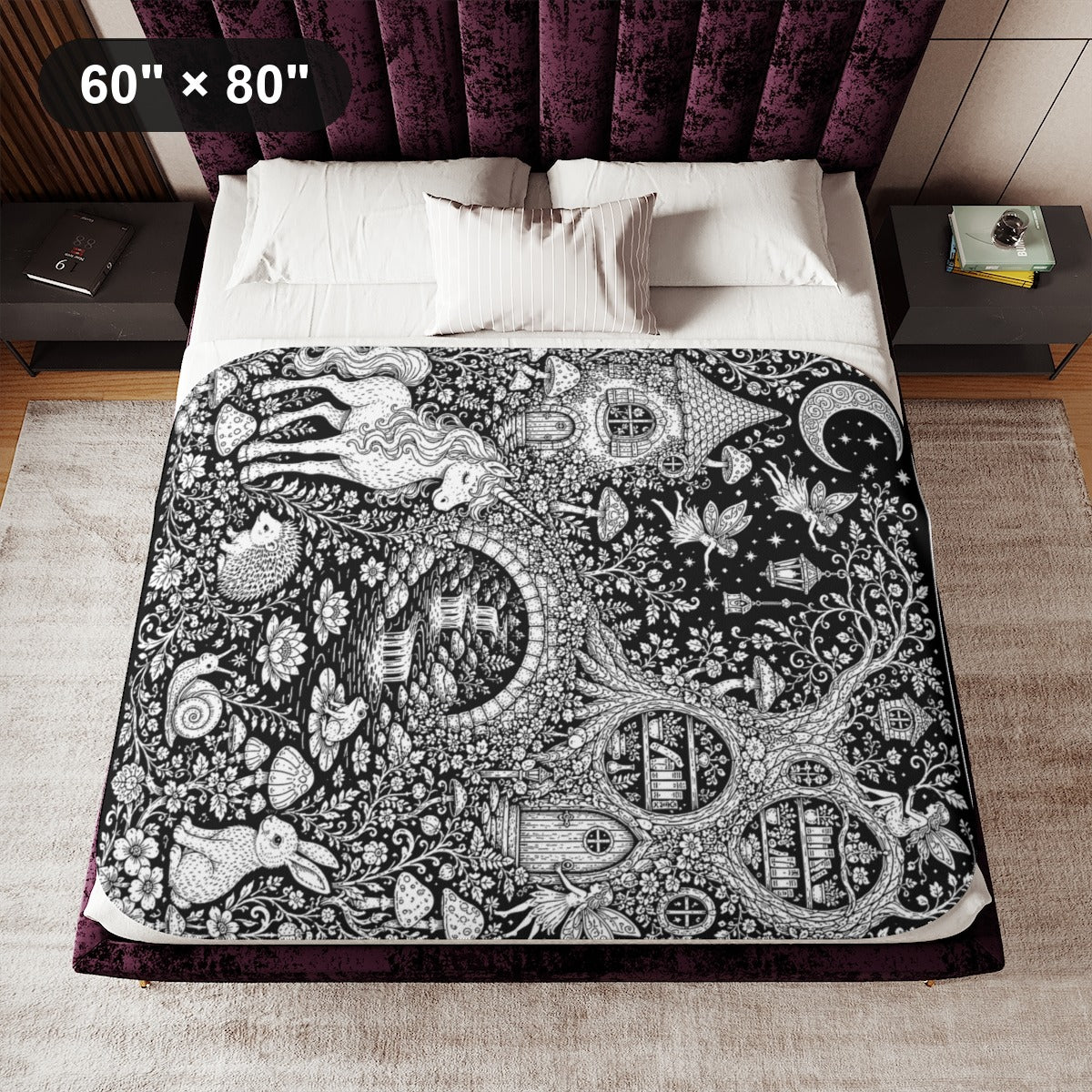 Mushroom Woodland Unicorn Sherpa Blanket kit shown in a lifestyle mockup - 60" × 80"