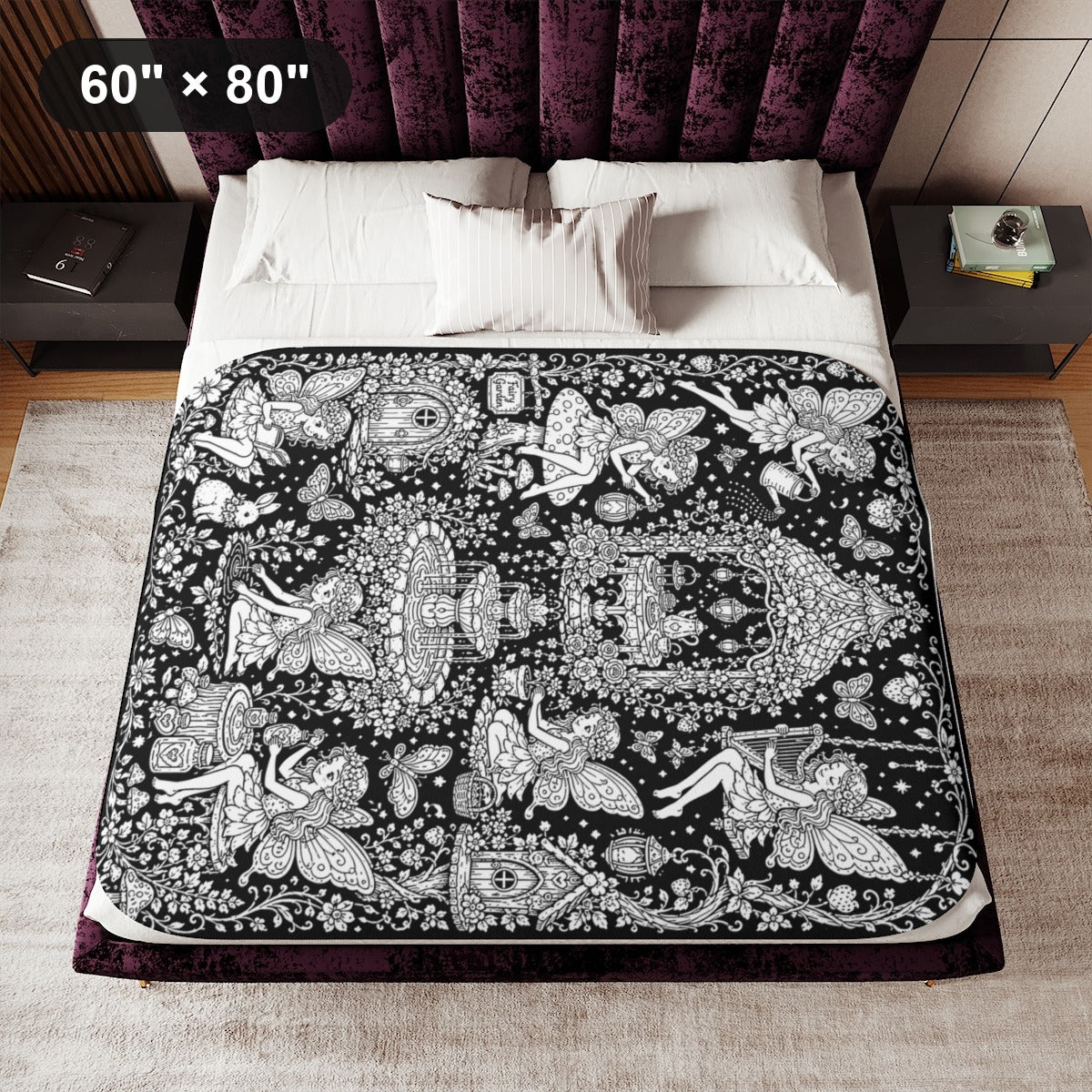 Fairy Garden Tea Party Sherpa Blanket kit shown in a lifestyle mockup - 60" × 80"