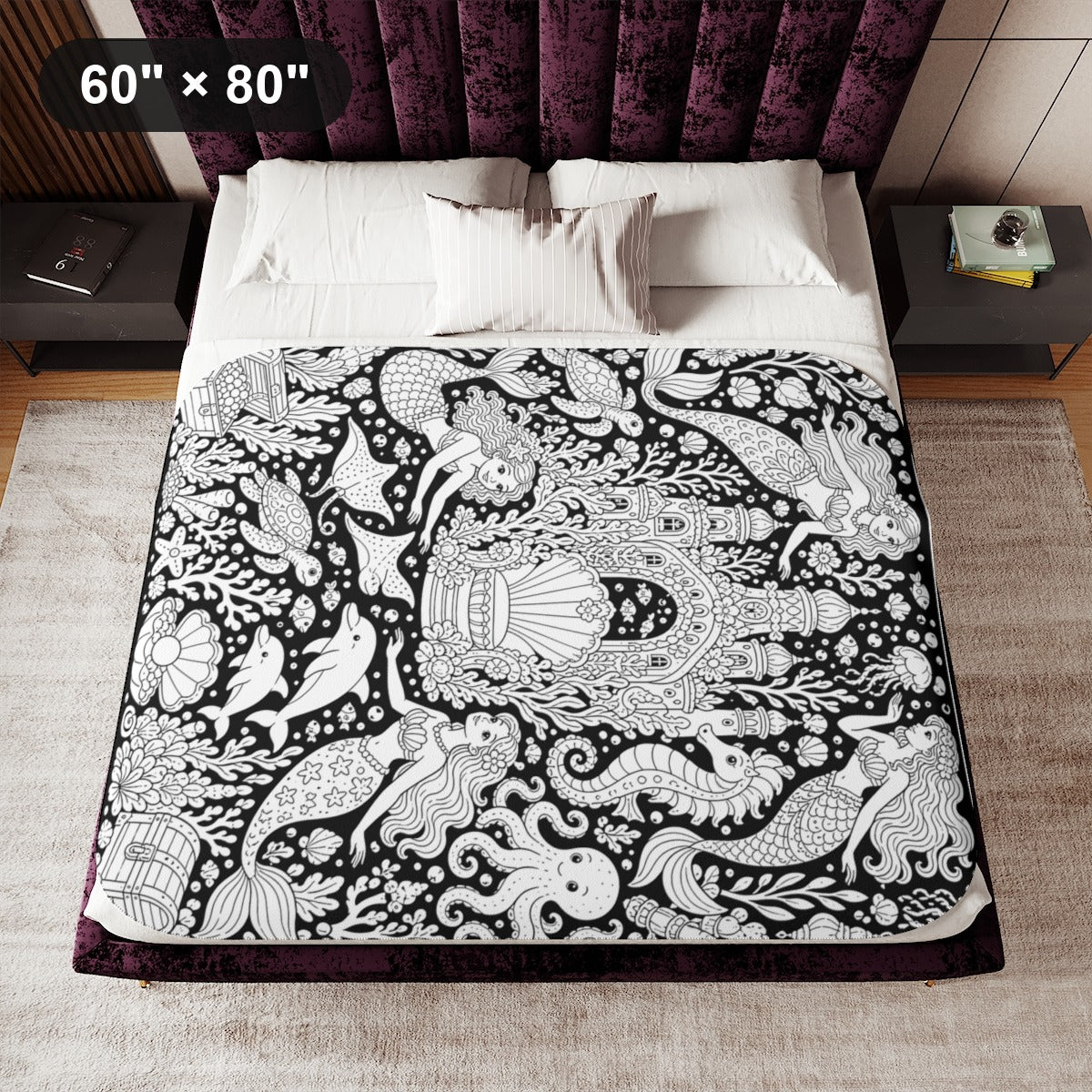 Mermaid Coral Kingdom Sherpa Blanket kit shown in a lifestyle mockup - 60" × 80"