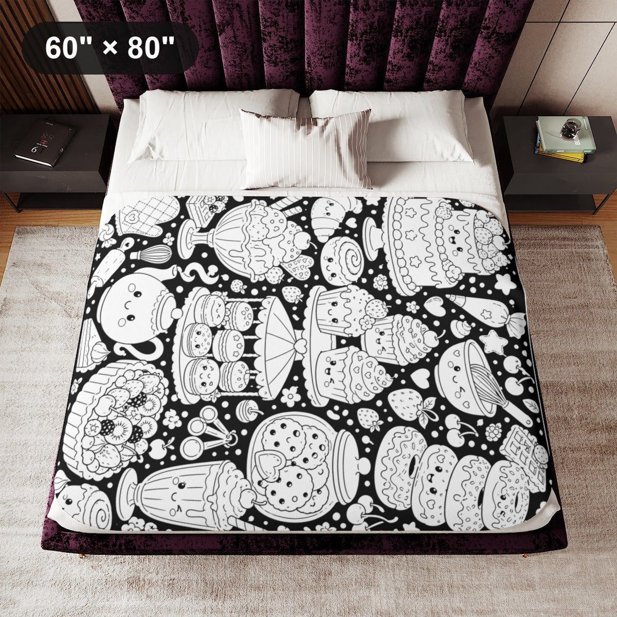 Kawaii Sweet Treats Sherpa Blanket kit shown in a lifestyle mockup - 60" × 80"