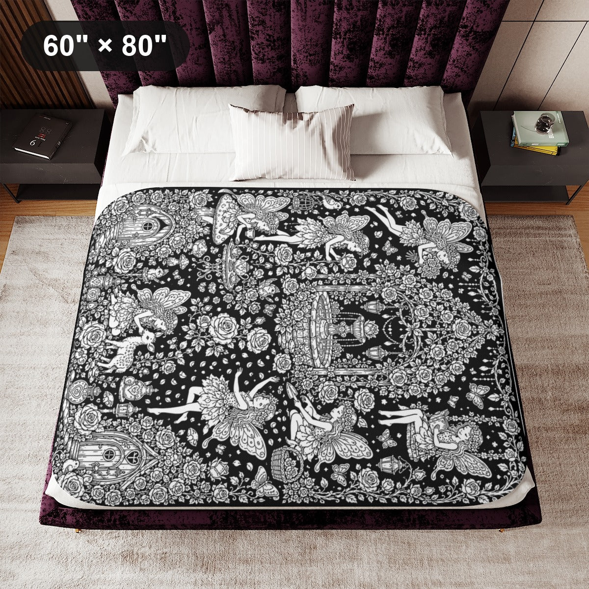 Fairy Rose Garden Sherpa Blanket kit shown in a lifestyle mockup - 60" × 80"