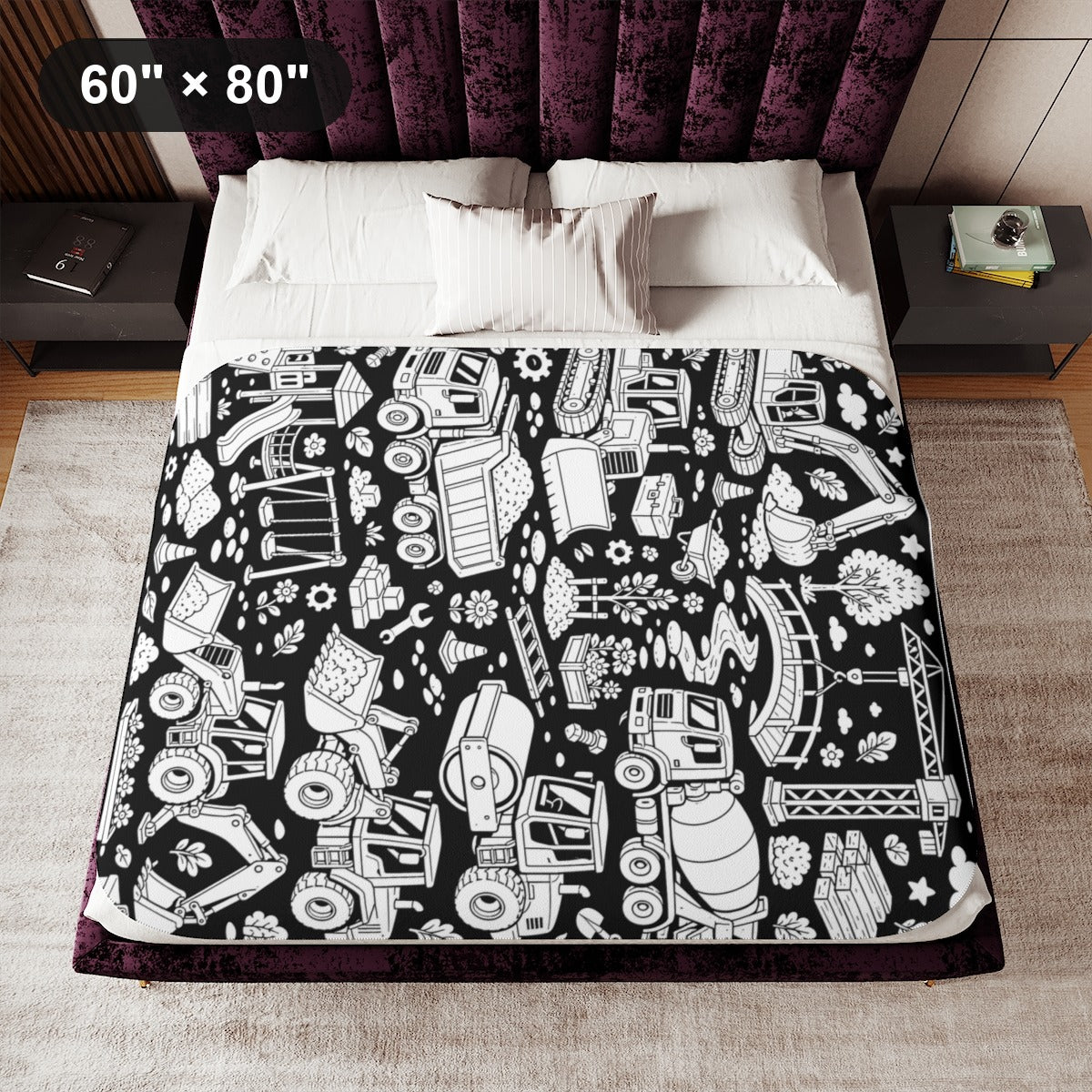 Construction Site Machines Sherpa Blanket kit shown in a lifestyle mockup - 60" × 80"