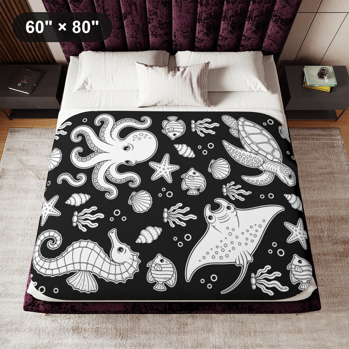 Ocean Friends Sherpa Blanket kit shown in a lifestyle mockup - 60" × 80"