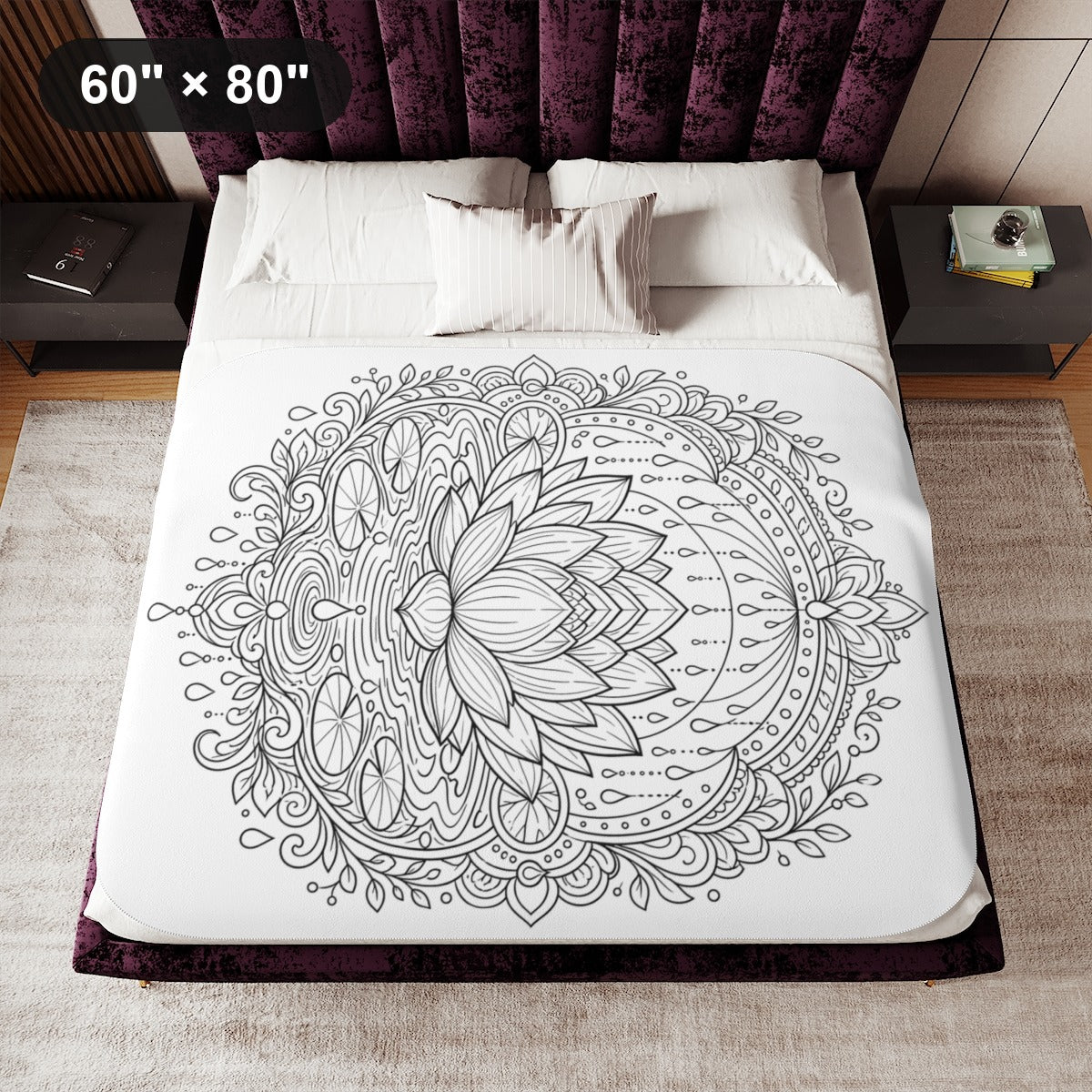 Zen Lotus Rain Mandala Sherpa Blanket kit shown in a lifestyle mockup - 60" × 80"
