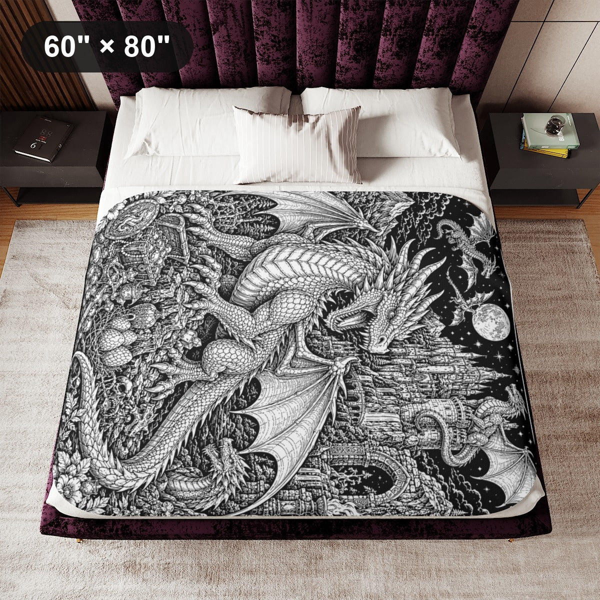 Moonlit Dragon Castle Sherpa Blanket kit shown in a lifestyle mockup - 60" × 80"