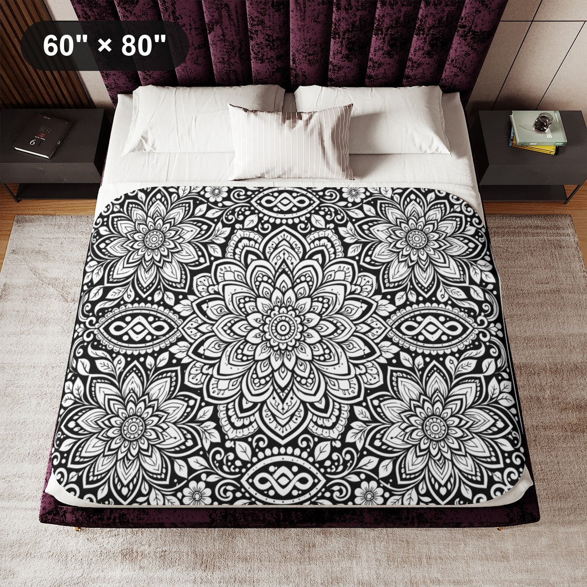 Lotus Bloom Mandala Sherpa Blanket kit shown in a lifestyle mockup - 60" × 80"