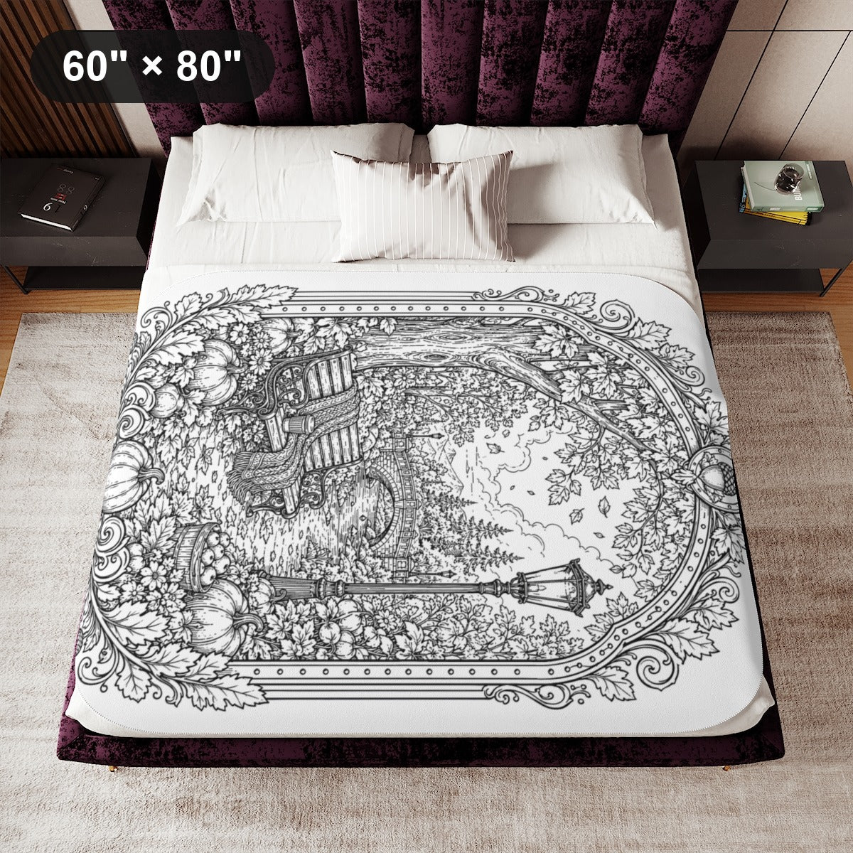 Autumn Park Bench Sherpa Blanket kit shown in a lifestyle mockup - 60" × 80"