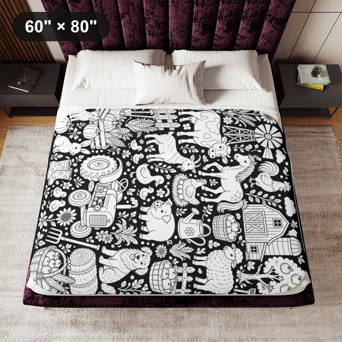 Farmyard Friends Harvest Sherpa Blanket kit shown in a lifestyle mockup - 60" × 80"