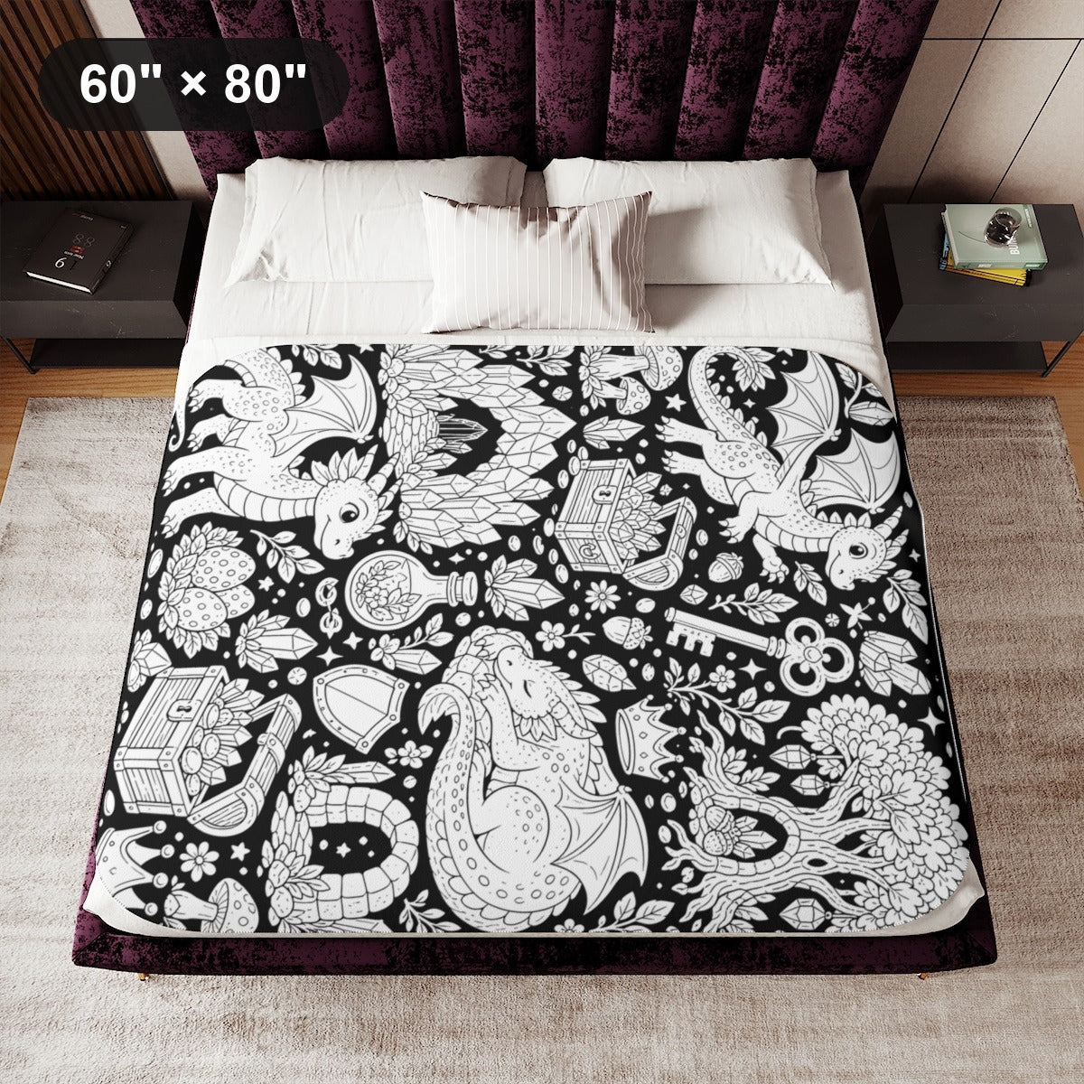 Baby Dragon Treasure Grove Sherpa Blanket kit shown in a lifestyle mockup - 60" × 80"