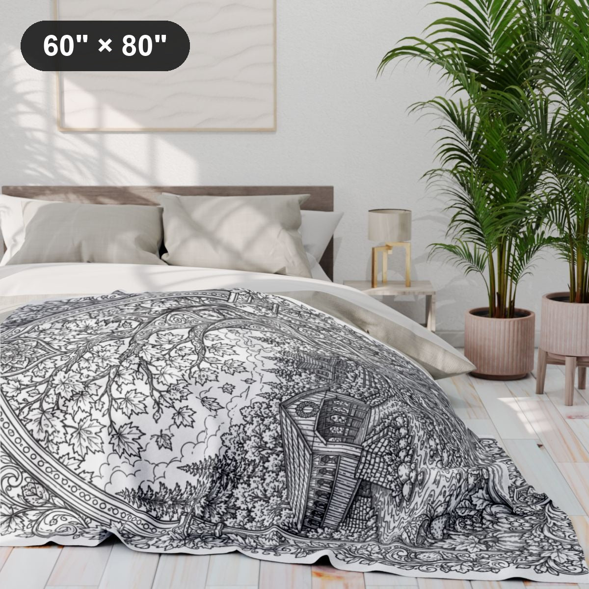 Autumn Covered Bridge Fleece Blanket kit shown in a lifestyle mockup - 60" × 80"