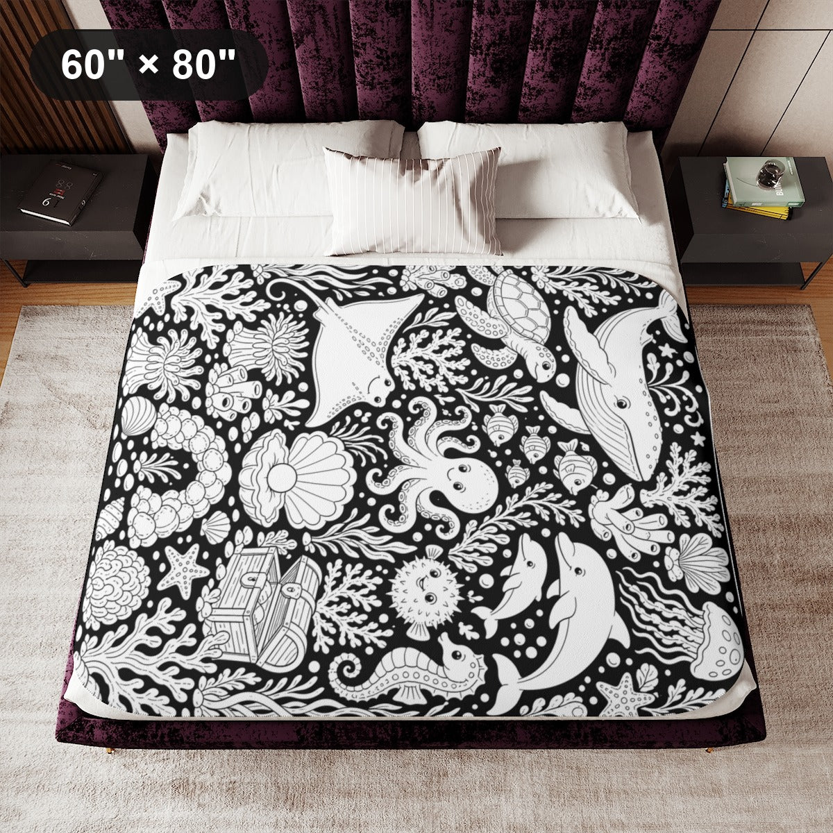 Ocean Reef Friends Sherpa Blanket kit shown in a lifestyle mockup - 60" × 80"