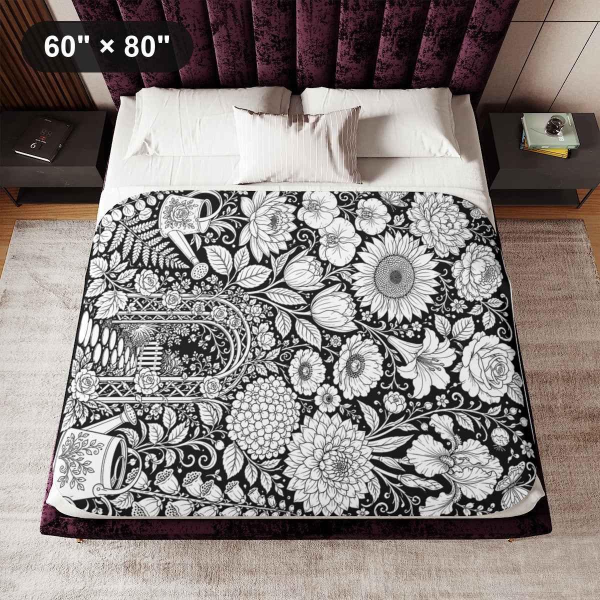 Garden Arbor Blooms Sherpa Blanket kit shown in a lifestyle mockup - 60" × 80"