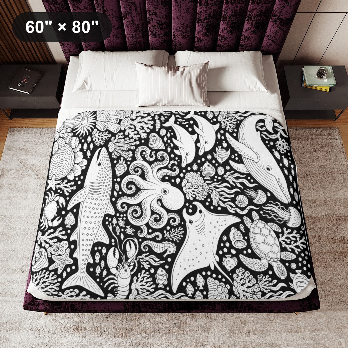 Ocean Wildlife Coral Reef Sherpa Blanket kit shown in a lifestyle mockup - 60" × 80"