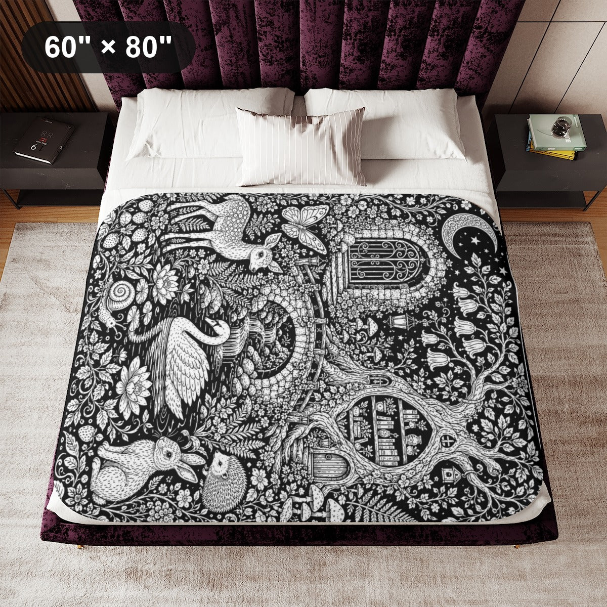 Moonlit Woodland Pond Sherpa Blanket kit shown in a lifestyle mockup - 60" × 80"