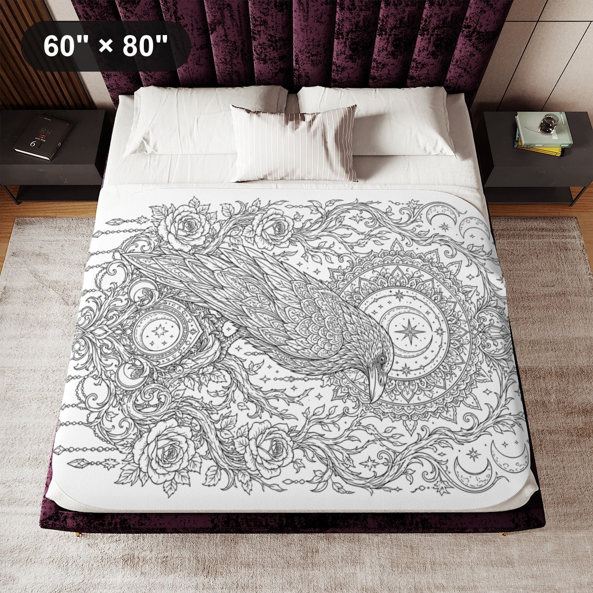 Celestial Raven Moon Garden Sherpa Blanket kit shown in a lifestyle mockup - 60" × 80"