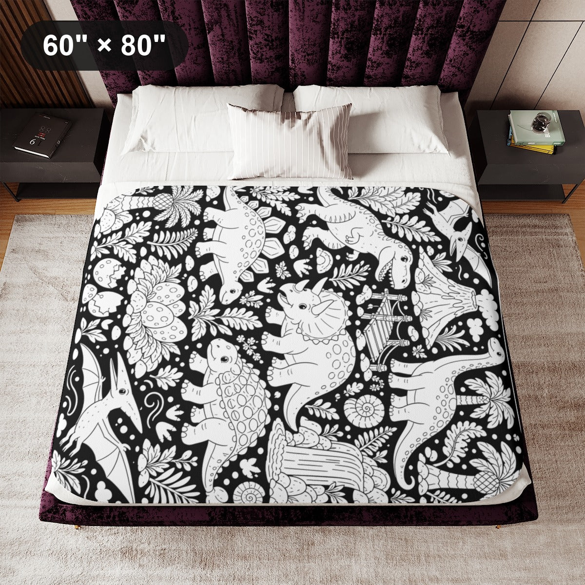 Dinosaur Jungle Sherpa Blanket kit shown in a lifestyle mockup - 60" × 80"