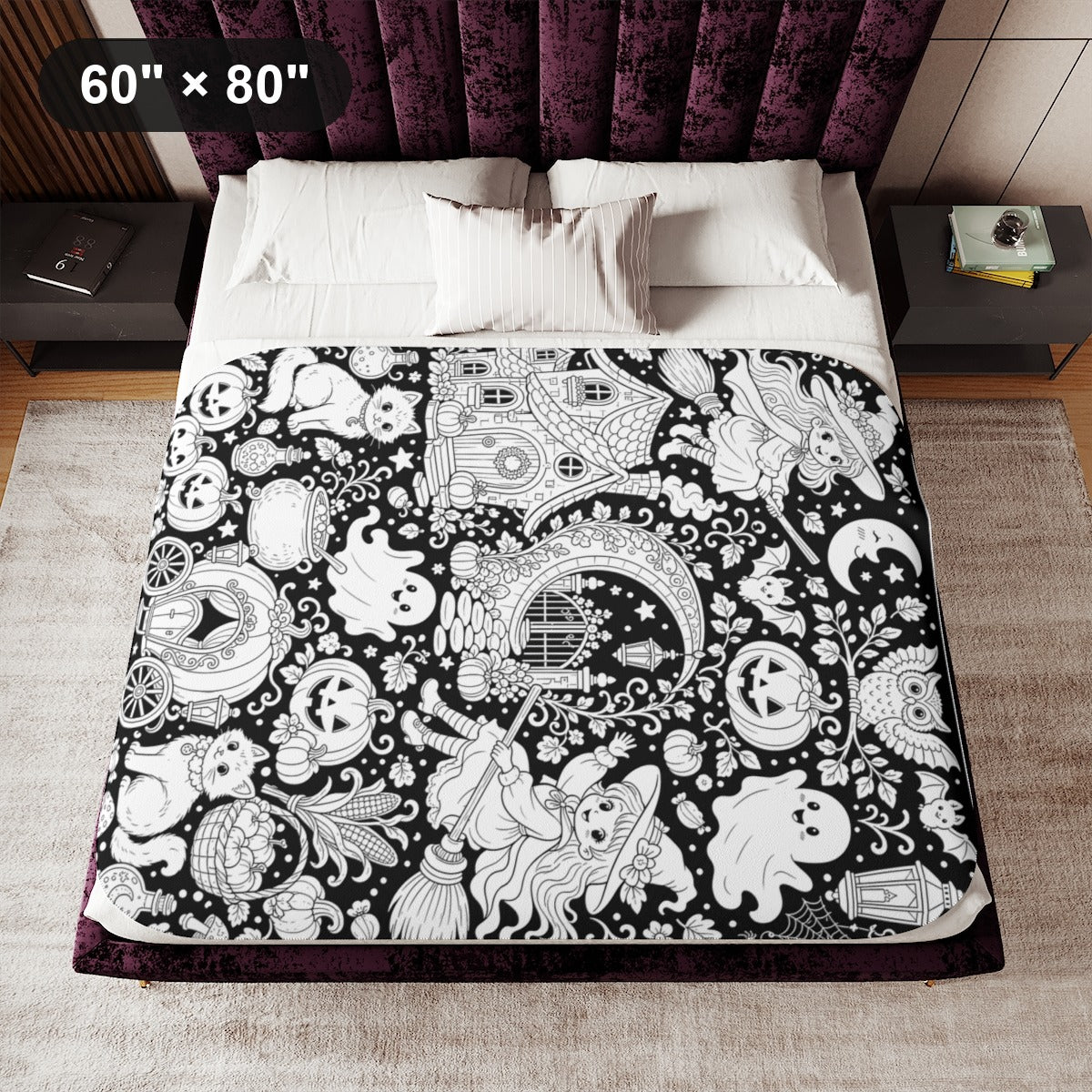 Halloween Witch Magic Sherpa Blanket kit shown in a lifestyle mockup - 60" × 80"