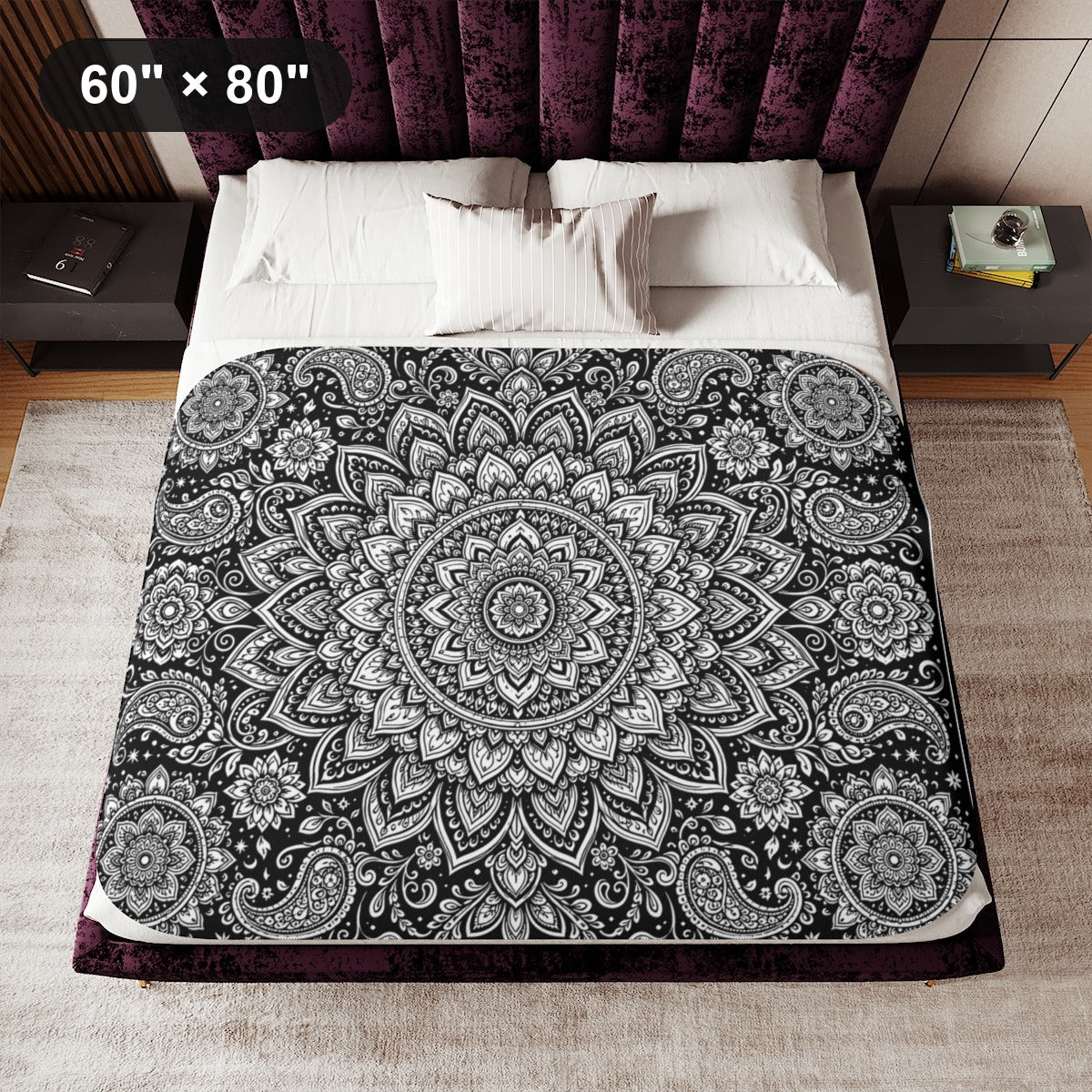 Paisley Flower Mandala Sherpa Blanket kit shown in a lifestyle mockup - 60" × 80"