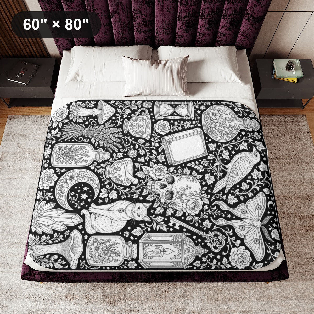 Gothic Apothecary Sherpa Blanket kit shown in a lifestyle mockup - 60" × 80"