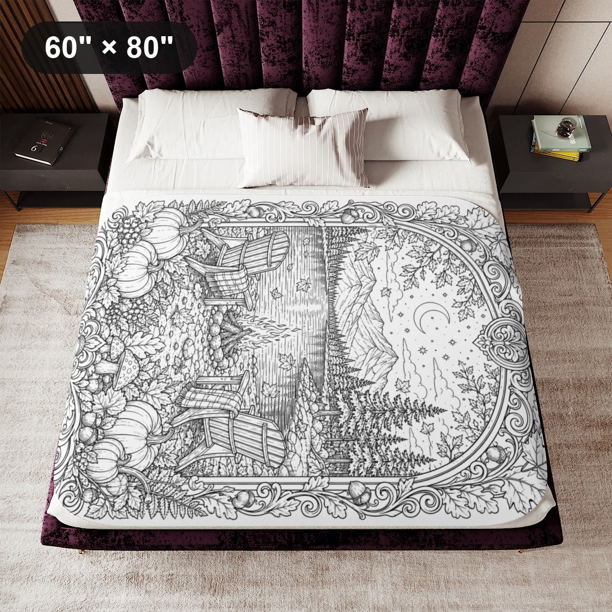 Autumn Lakeside Campfire Sherpa Blanket kit shown in a lifestyle mockup - 60" × 80"