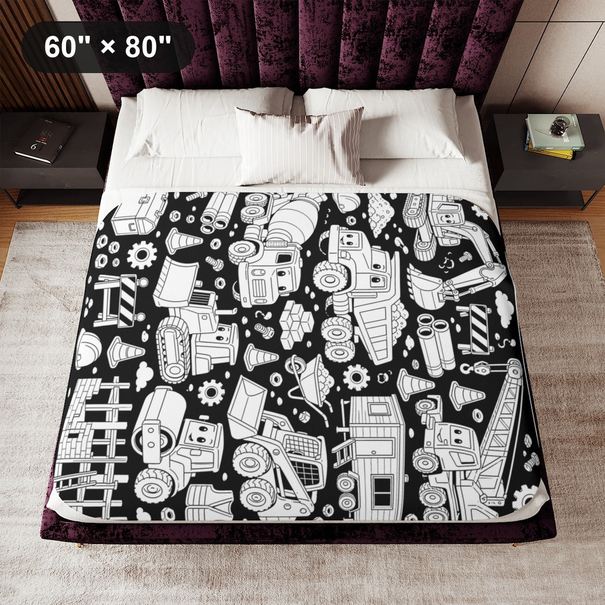 Happy Construction Trucks Sherpa Blanket kit shown in a lifestyle mockup - 60" × 80"