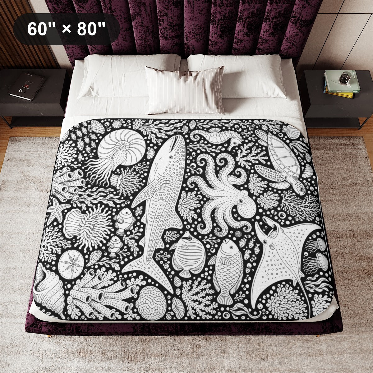 Tropical Coral Reef Sherpa Blanket kit shown in a lifestyle mockup - 60" × 80"