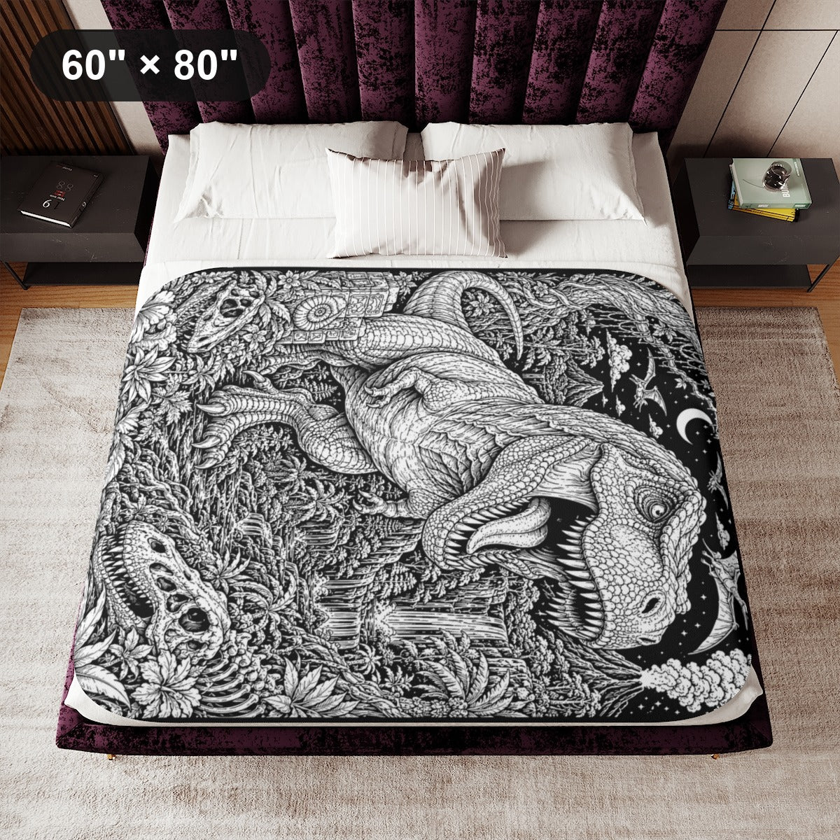 T Rex Rainforest Sherpa Blanket kit shown in a lifestyle mockup - 60" × 80"