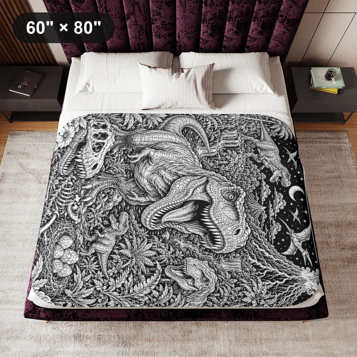 Dinosaur Volcano Valley Sherpa Blanket kit shown in a lifestyle mockup - 60" × 80"