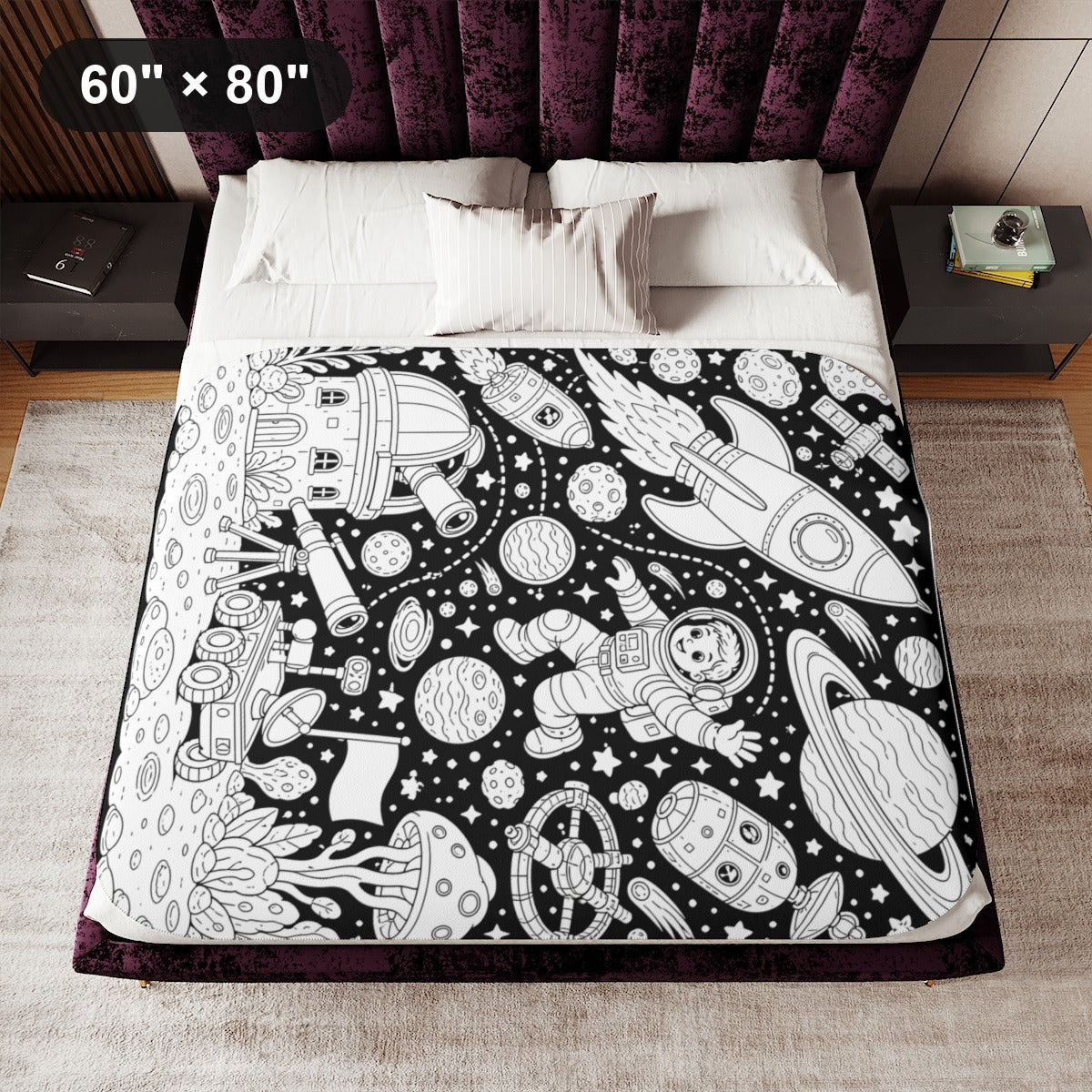 Kids Space Adventure Sherpa Blanket kit shown in a lifestyle mockup - 60" × 80"