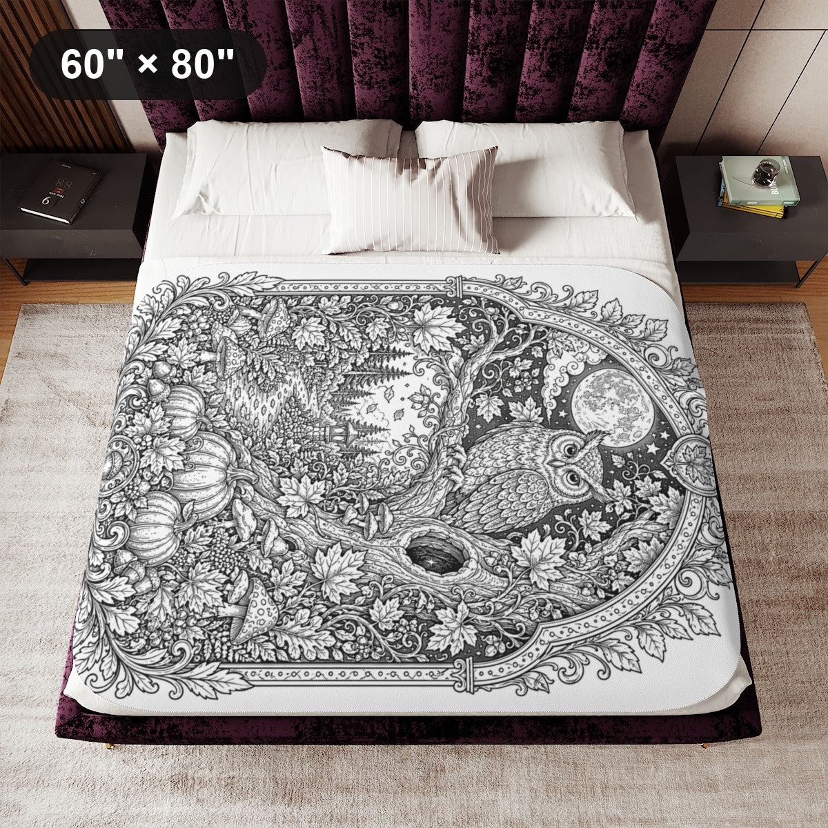 Autumn Moonlit Owl Sherpa Blanket kit shown in a lifestyle mockup - 60" × 80"