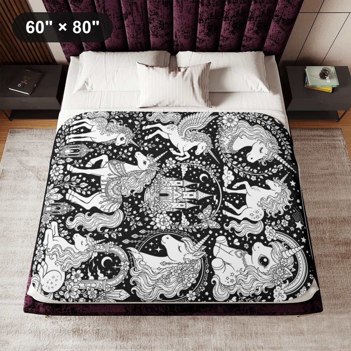 Rainbow Unicorn Dreamscape Sherpa Blanket kit shown in a lifestyle mockup - 60" × 80"