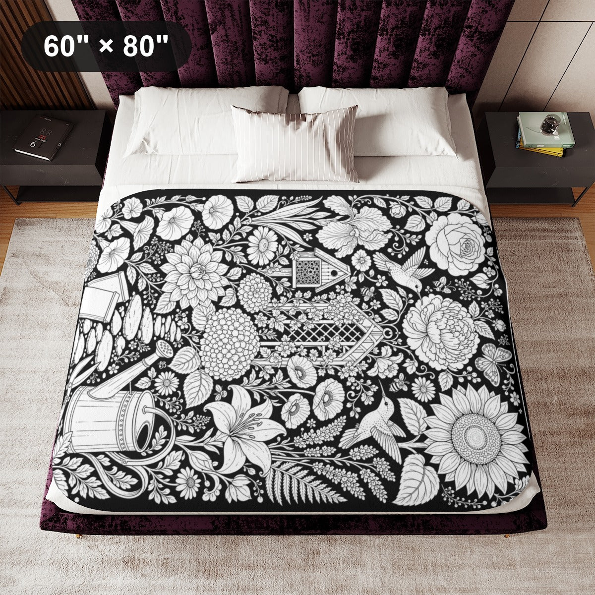 Hummingbird Flower Garden Sherpa Blanket kit shown in a lifestyle mockup - 60" × 80"