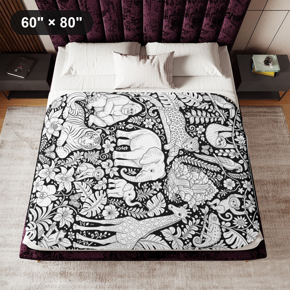 Tropical Jungle Safari Sherpa Blanket kit shown in a lifestyle mockup - 60" × 80"