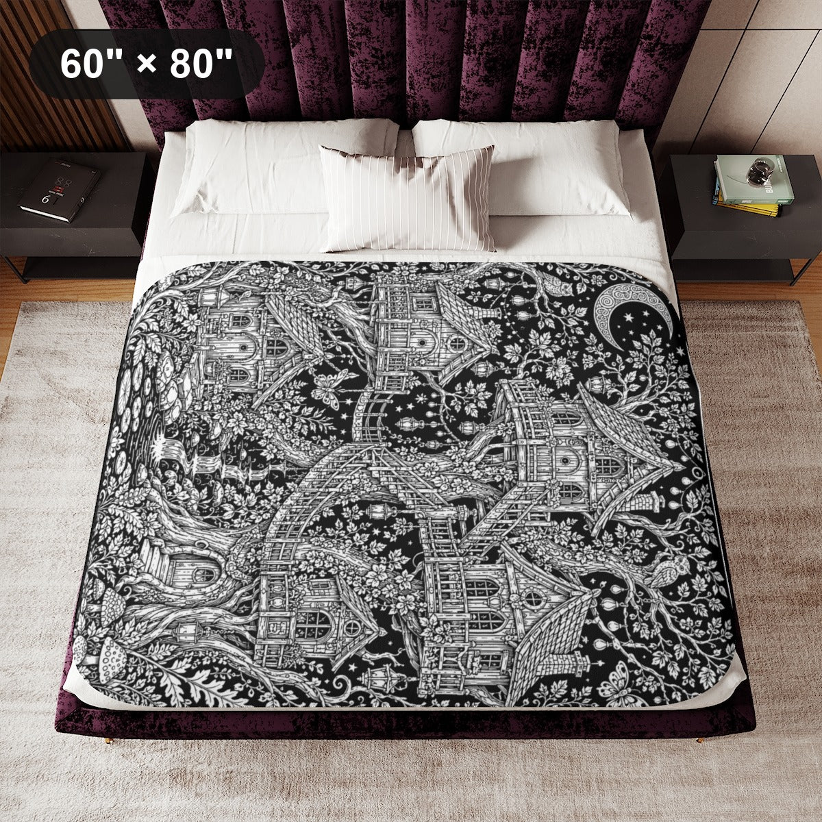 Moonlit Fairy Treehouse Village Sherpa Blanket kit shown in a lifestyle mockup - 60" × 80"