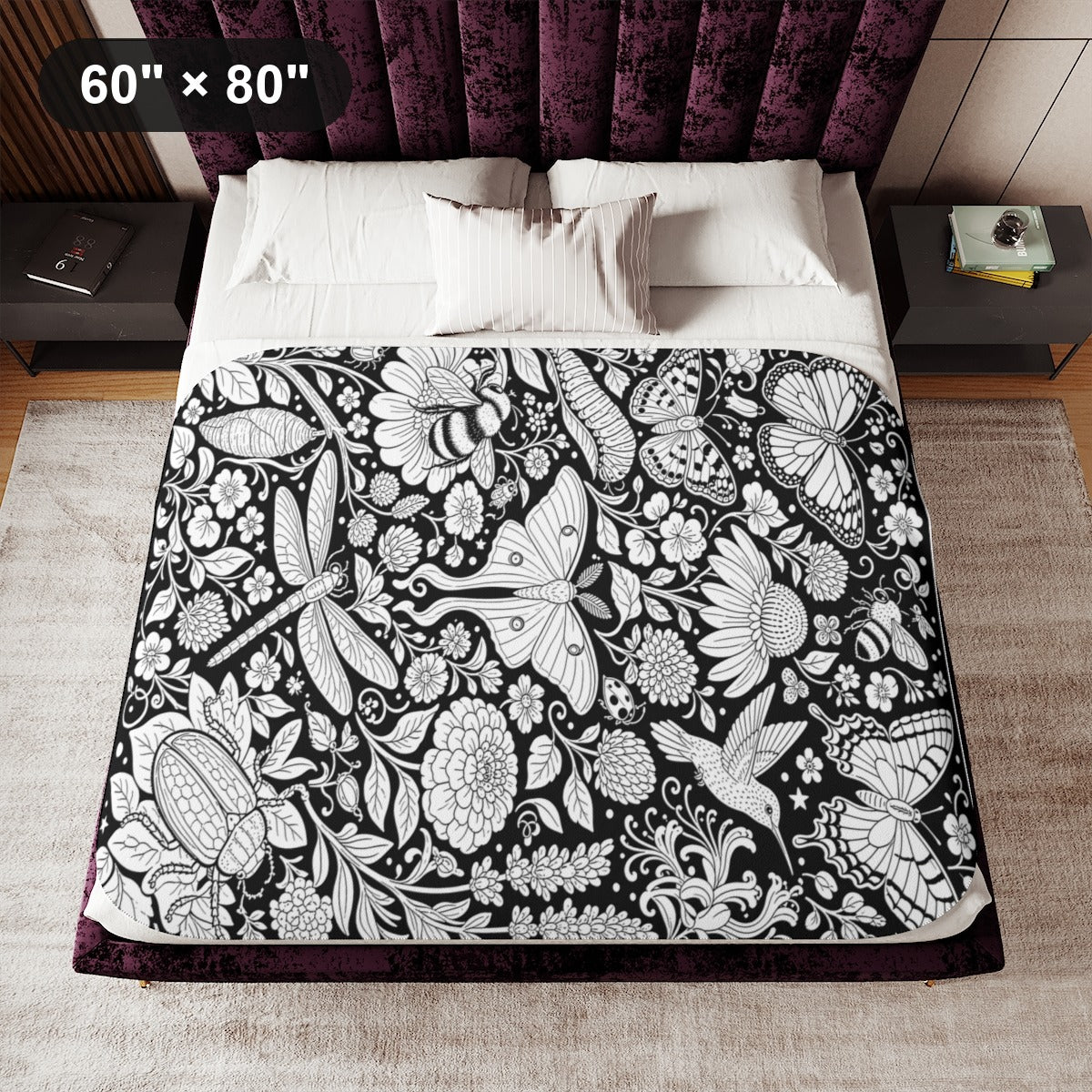 Butterfly and Moth Garden Sherpa Blanket kit shown in a lifestyle mockup - 60" × 80"