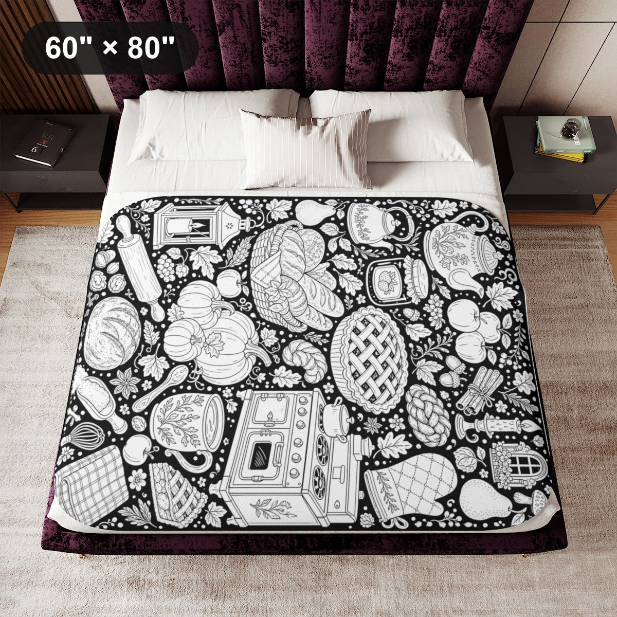 Autumn Kitchen Sherpa Blanket kit shown in a lifestyle mockup - 60" × 80"