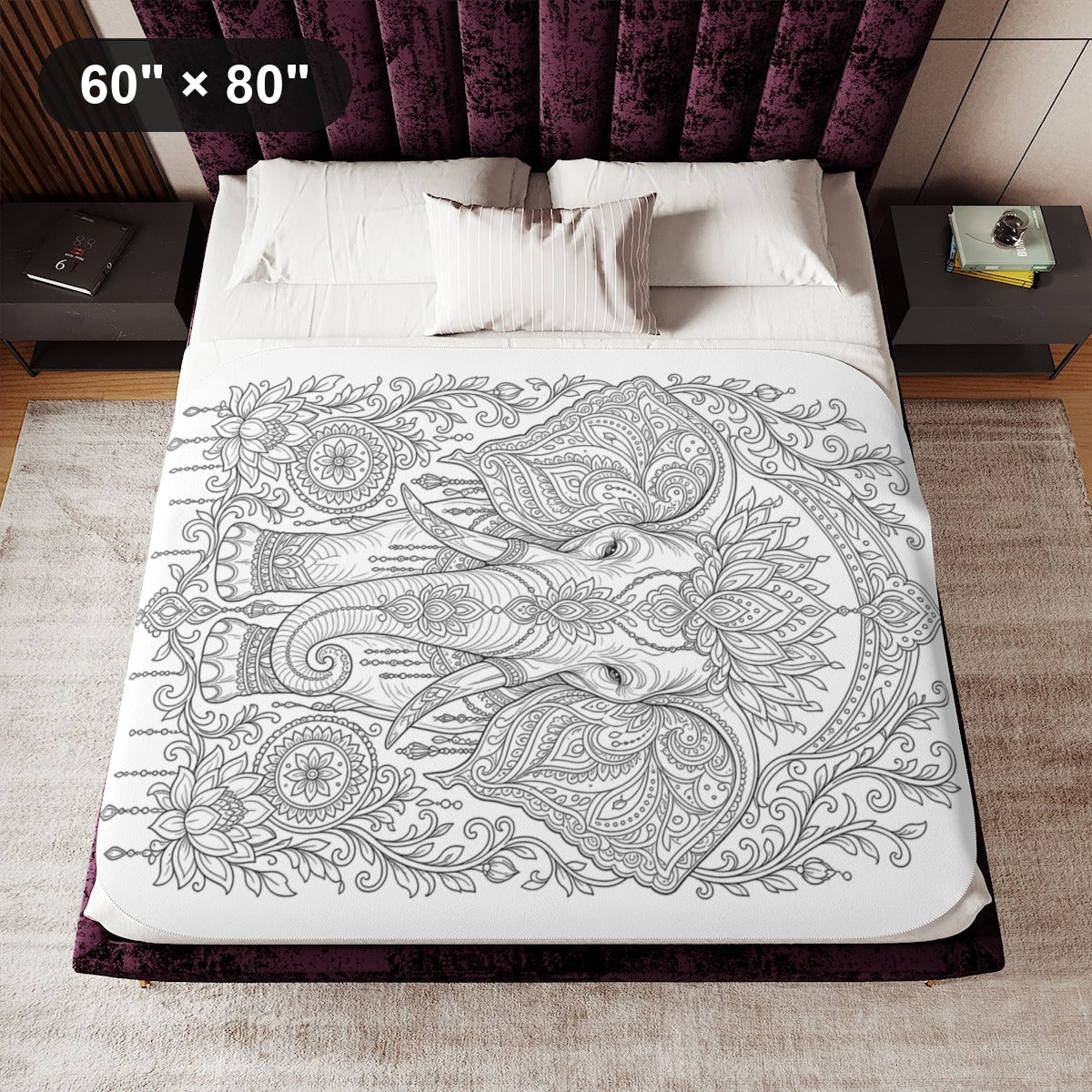 Ornate Elephant Lotus Garden Sherpa Blanket kit shown in a lifestyle mockup - 60" × 80"