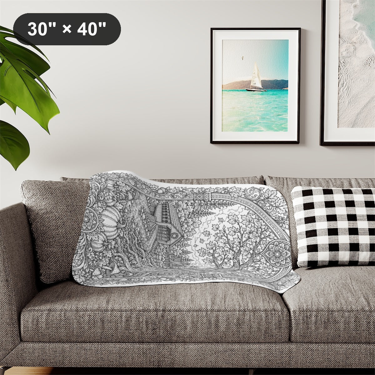 Autumn Covered Bridge Sherpa Blanket coloring kit shown in a lifestyle mockup - styled in a living room - 30" × 40"