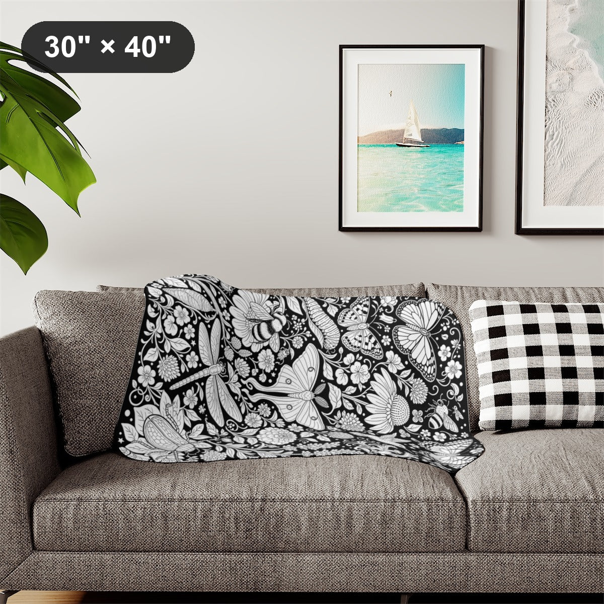 Butterfly and Moth Garden Sherpa Blanket kit shown in a lifestyle mockup - styled in a living room - 30" × 40"