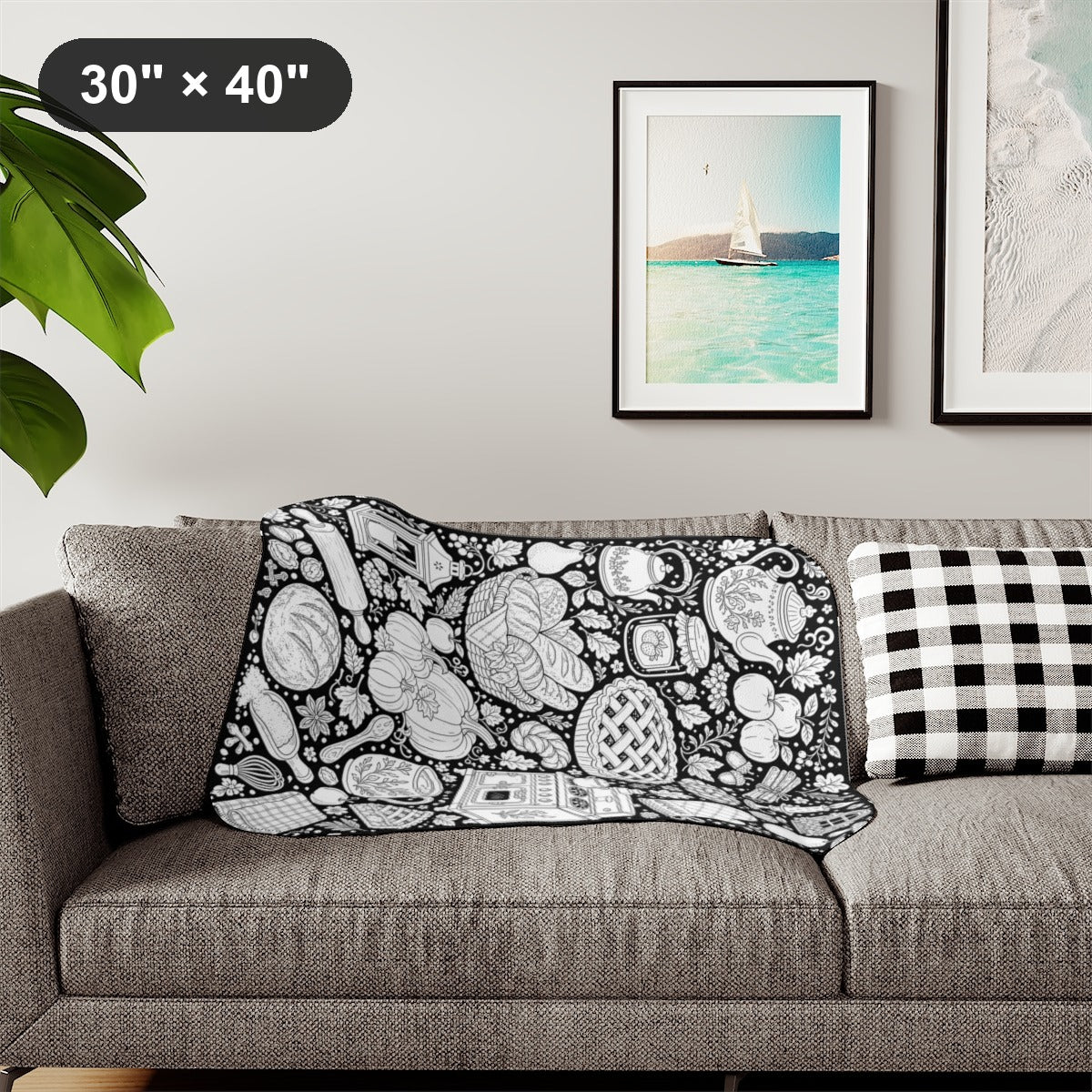 Autumn Kitchen Sherpa Blanket kit shown in a lifestyle mockup - styled in a living room - 30" × 40"